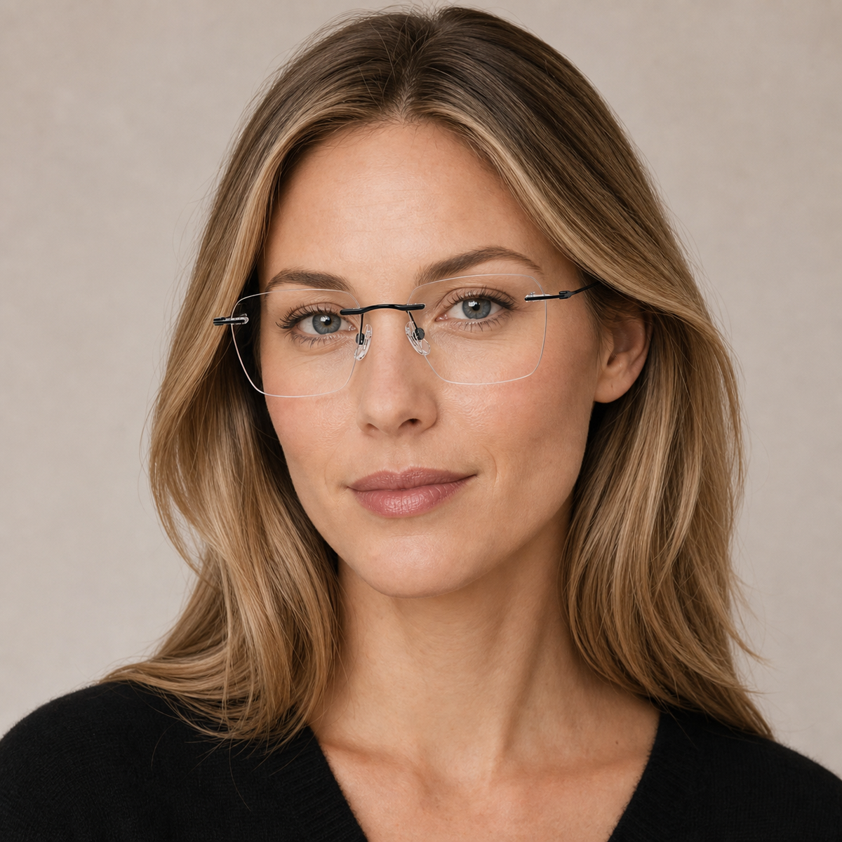 Black titanium softly squared rimless glasses worn by an adult White woman