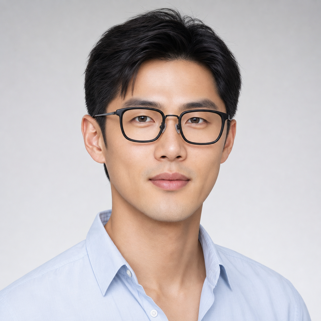 Black titanium and TR square glasses worn by an adult East Asian man
