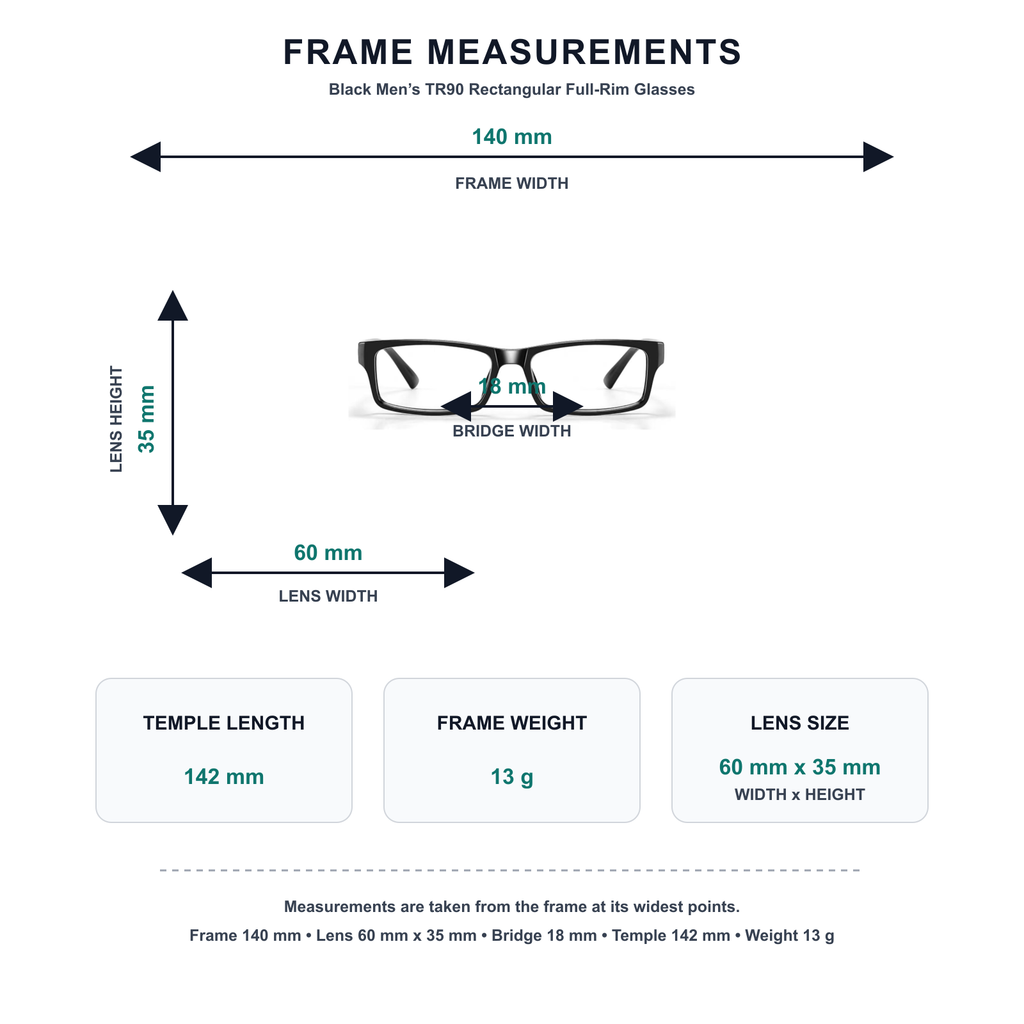 Black TR90 square full-rim glasses measurement guide: 140 mm frame, 60 mm lens, 13 g weight