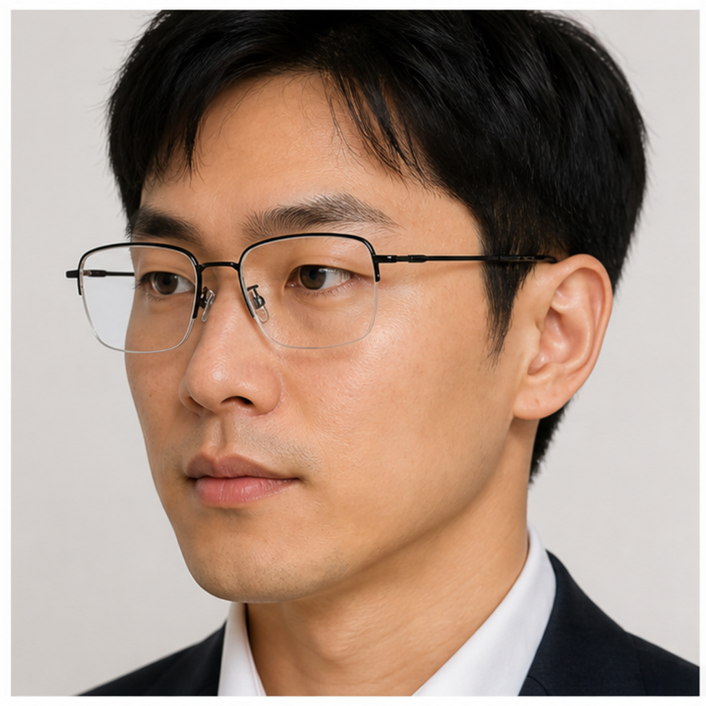 Black unisex business titanium semi-rimless glasses worn by an adult East Asian Man