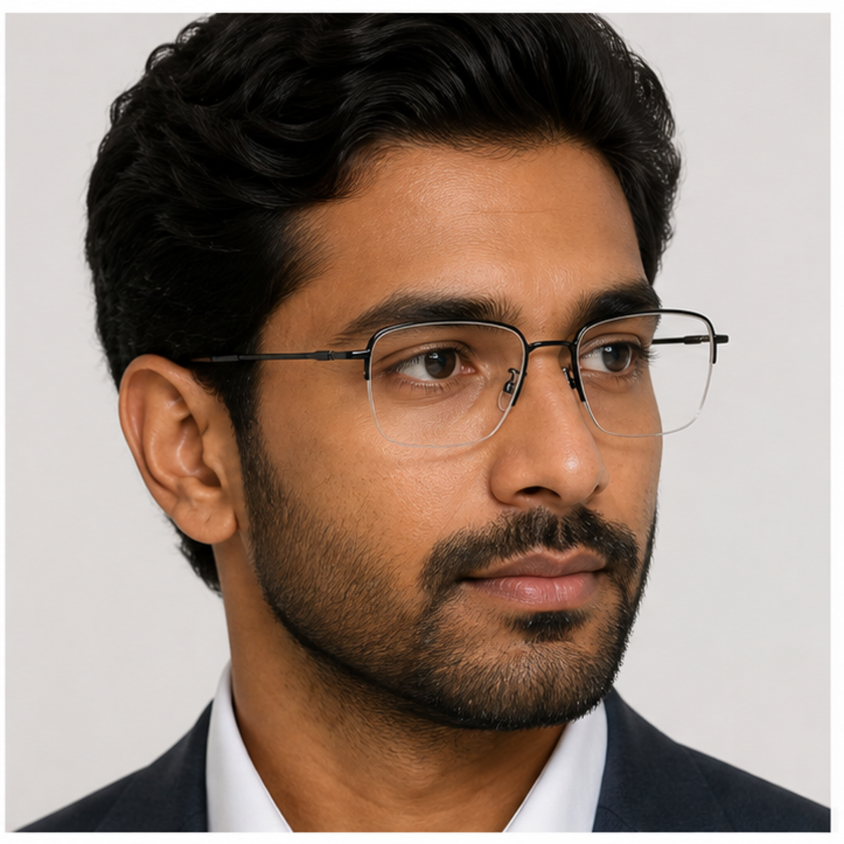 Black unisex business titanium semi-rimless glasses worn by an adult South Asian Man