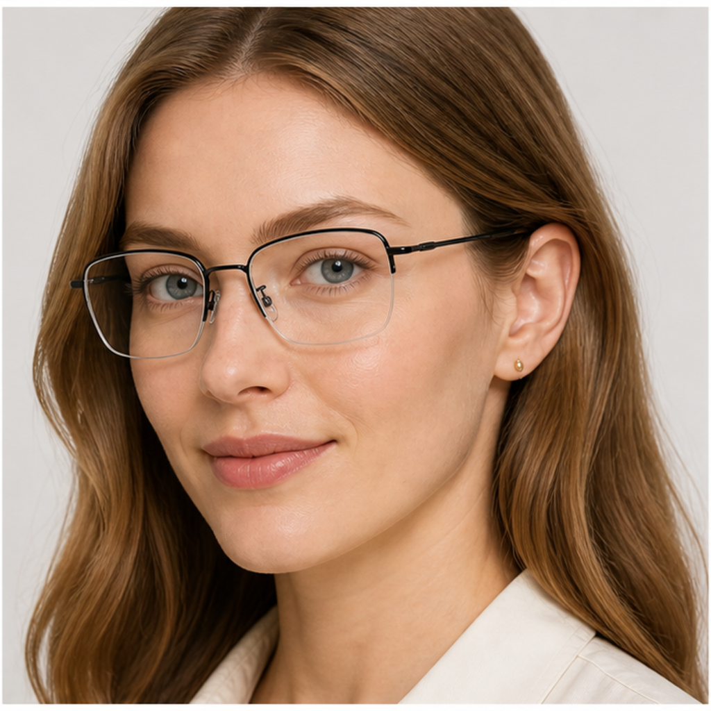 Black unisex business titanium semi-rimless glasses worn by an adult White Woman
