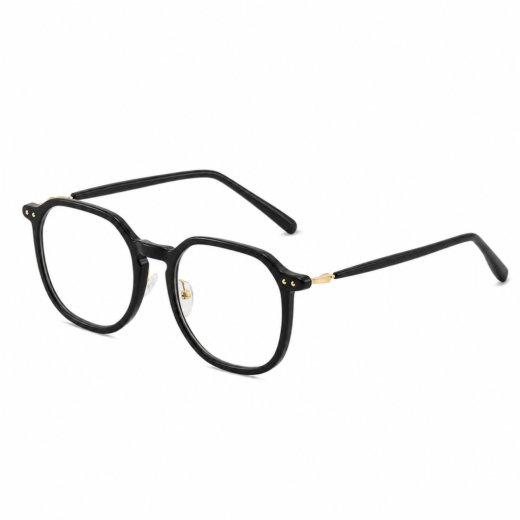 Black unisex polycarbonate rounded full-rim glasses, 45-degree product view