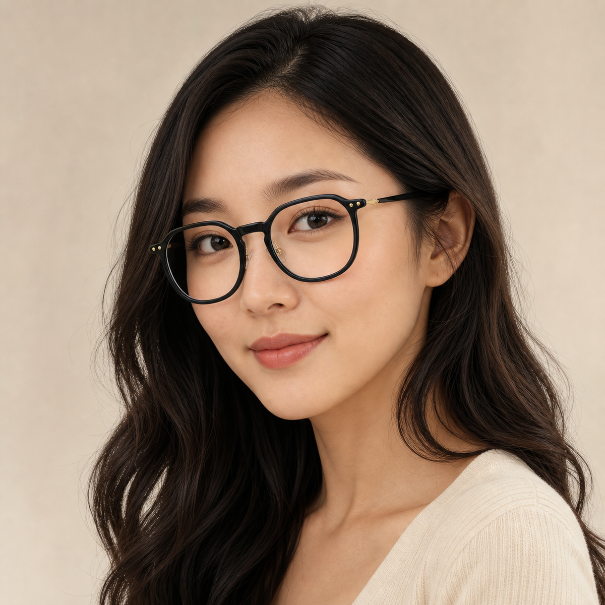 Black unisex polycarbonate rounded full-rim glasses worn by an adult East Asian woman