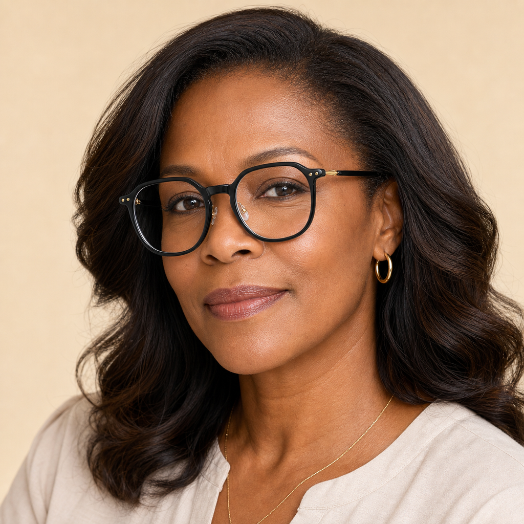 Black unisex polycarbonate rounded full-rim glasses worn by an adult mature Black woman