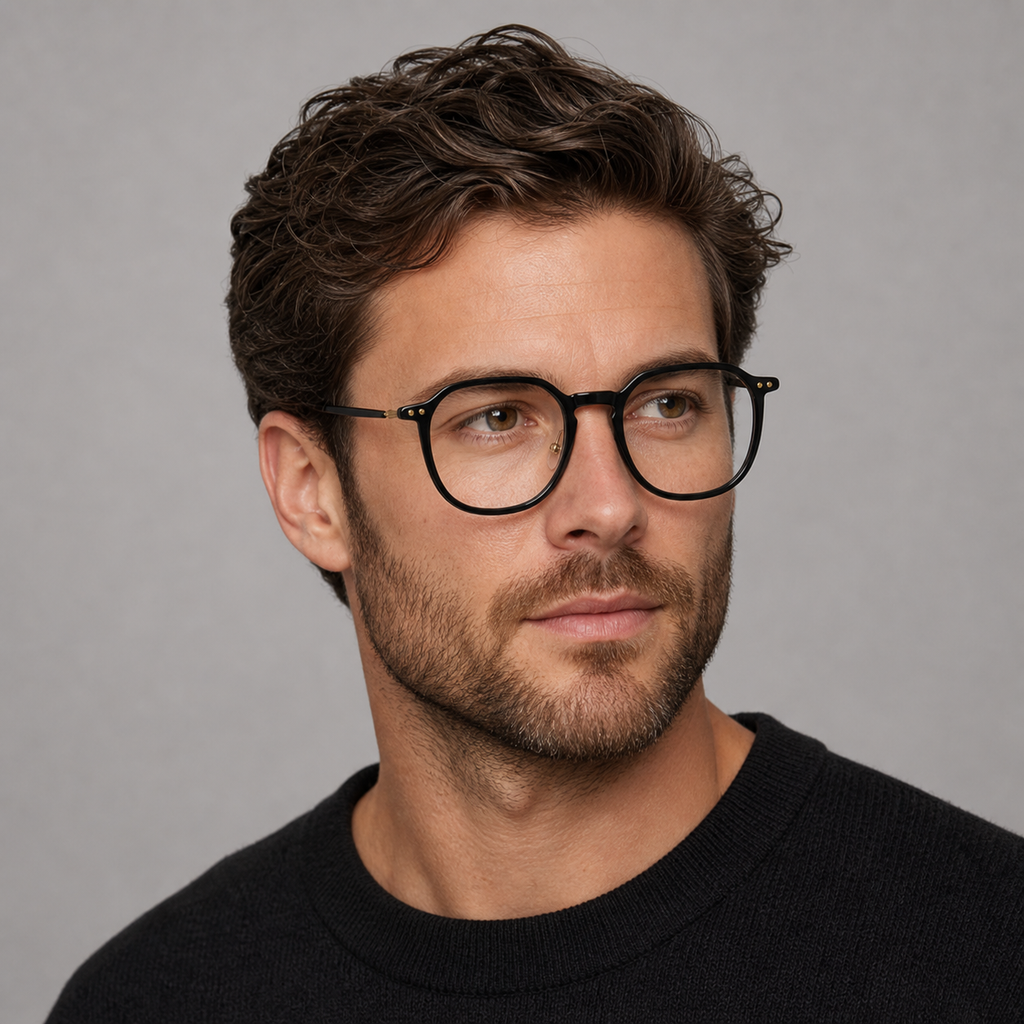 Black unisex polycarbonate rounded full-rim glasses worn by an adult White man