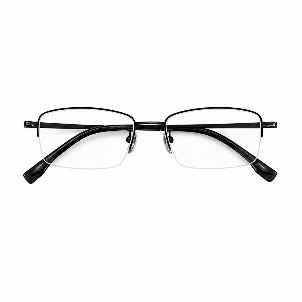 Black unisex professional pure titanium semi-rimless glasses, front product view