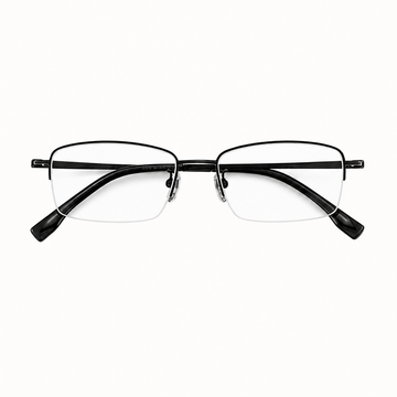 Black unisex professional pure titanium semi-rimless glasses, front product view