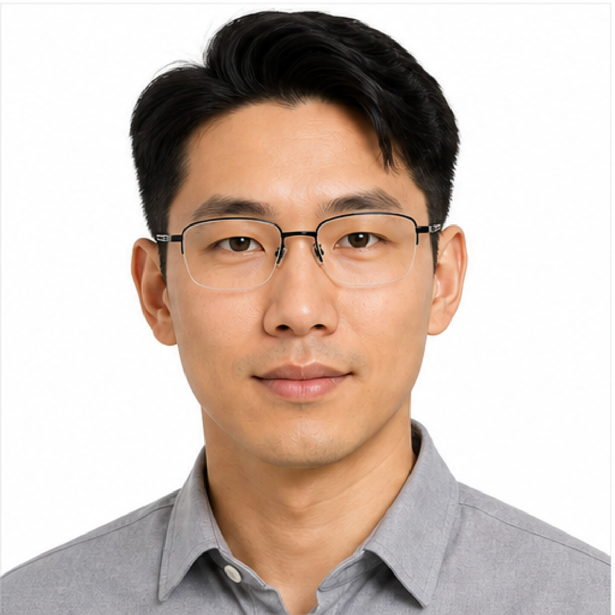 Black unisex professional pure-titanium semi-rimless glasses worn by an adult East Asian Man