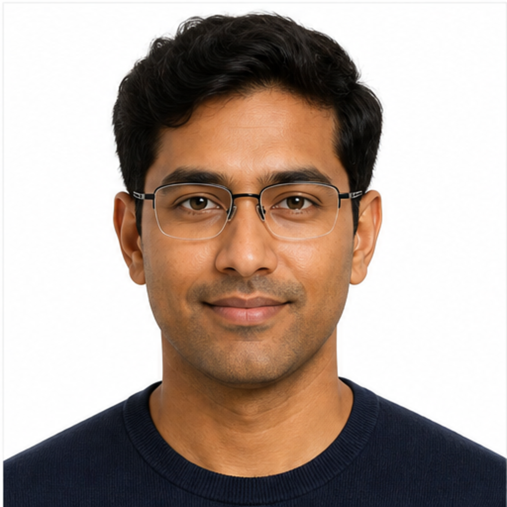 Black unisex professional pure-titanium semi-rimless glasses worn by an adult South Asian Man
