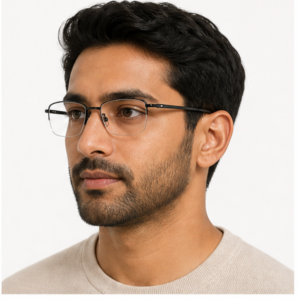 Black unisex professional pure titanium semi-rimless glasses worn by an adult South Asian Man
