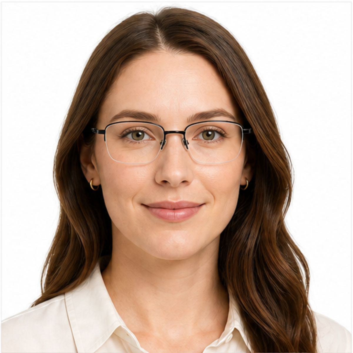 Black unisex professional pure-titanium semi-rimless glasses worn by an adult White Woman