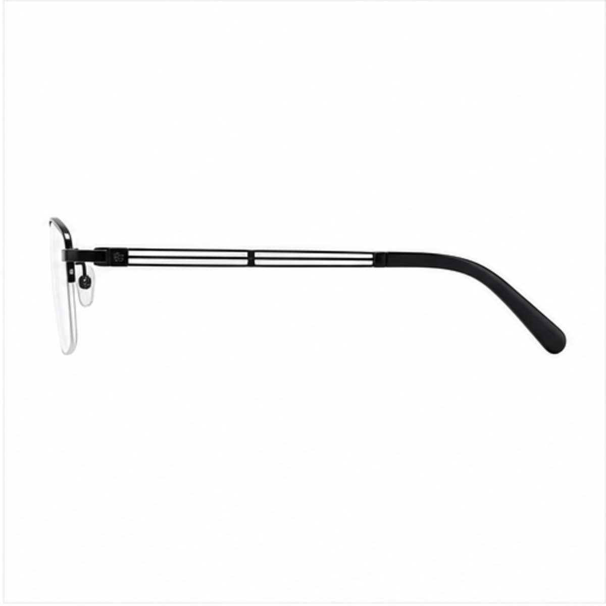 Black unisex professional pure-titanium semi-rimless glasses, side-profile product view