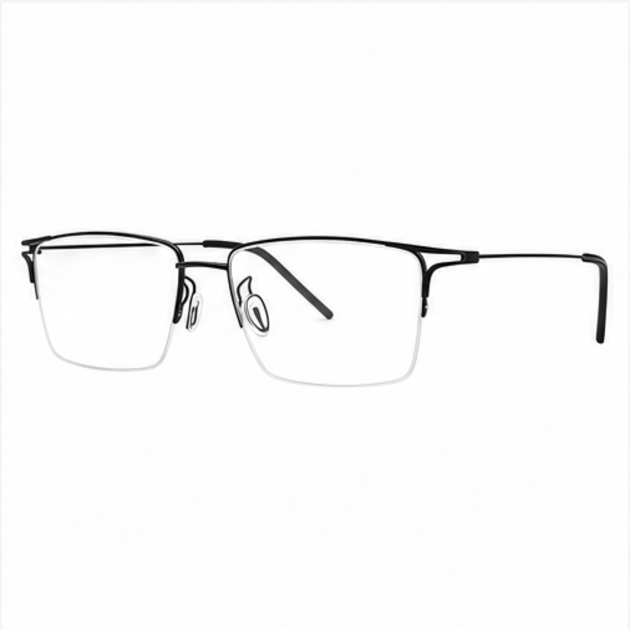 Black unisex titanium semi-rimless glasses, 45-degree product view