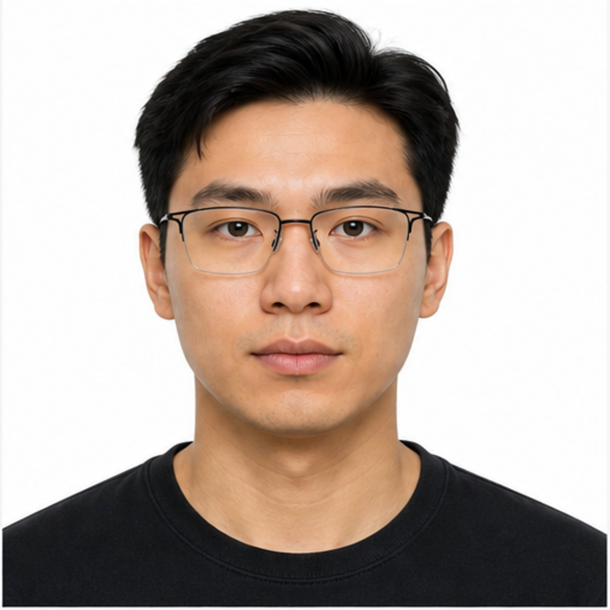 Black unisex titanium semi-rimless glasses worn by an adult East Asian Man