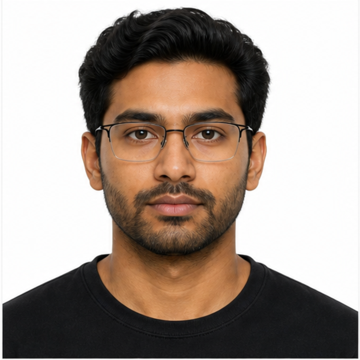 Black unisex titanium semi-rimless glasses worn by an adult South Asian Man