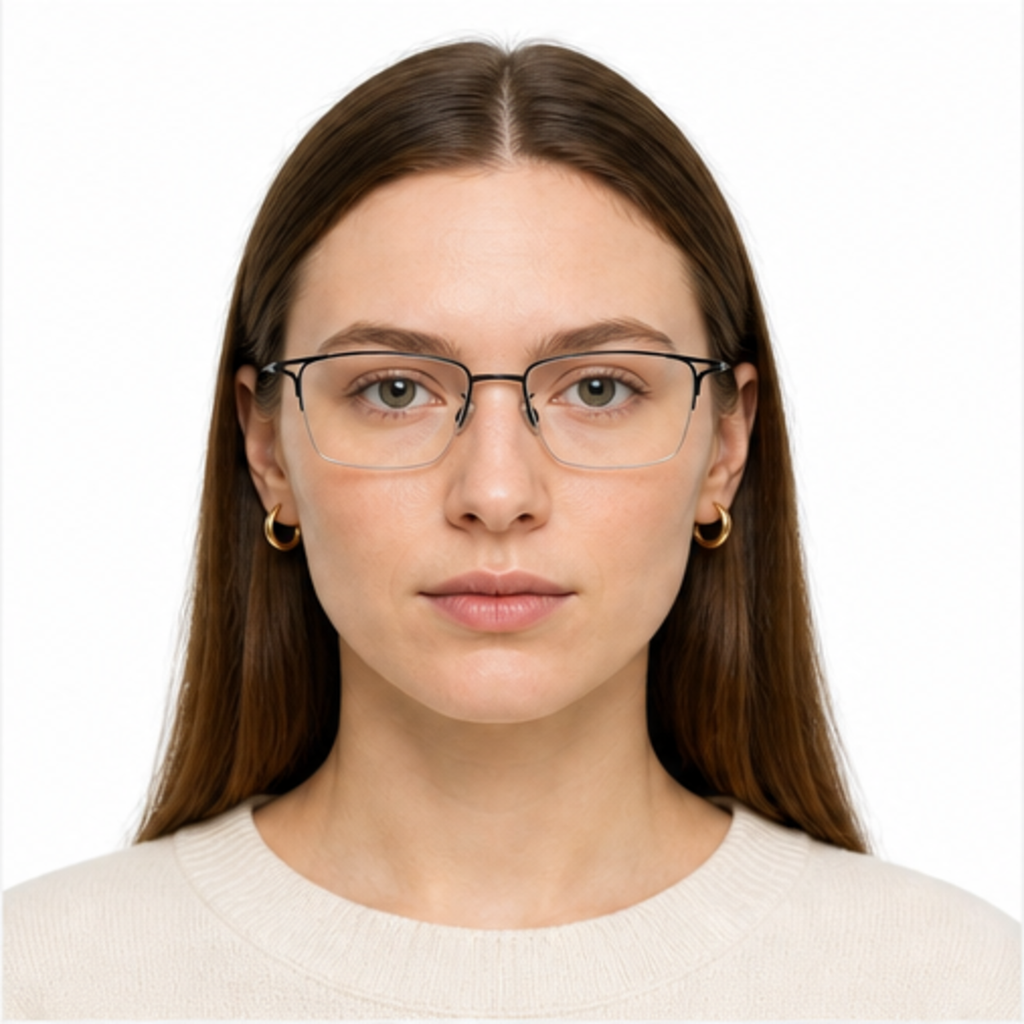Black unisex titanium semi-rimless glasses worn by an adult White Woman