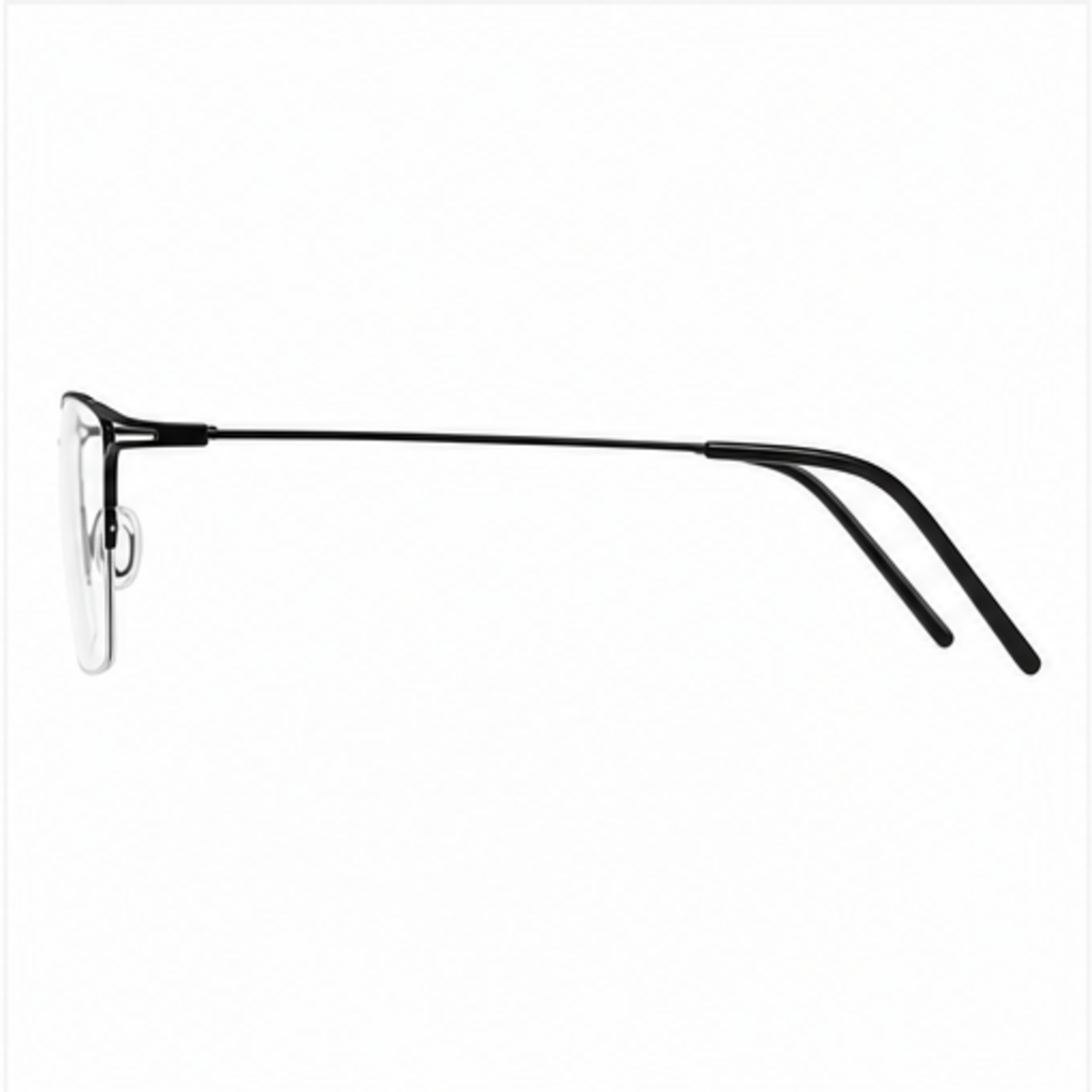 Black unisex titanium semi-rimless glasses, side-profile product view