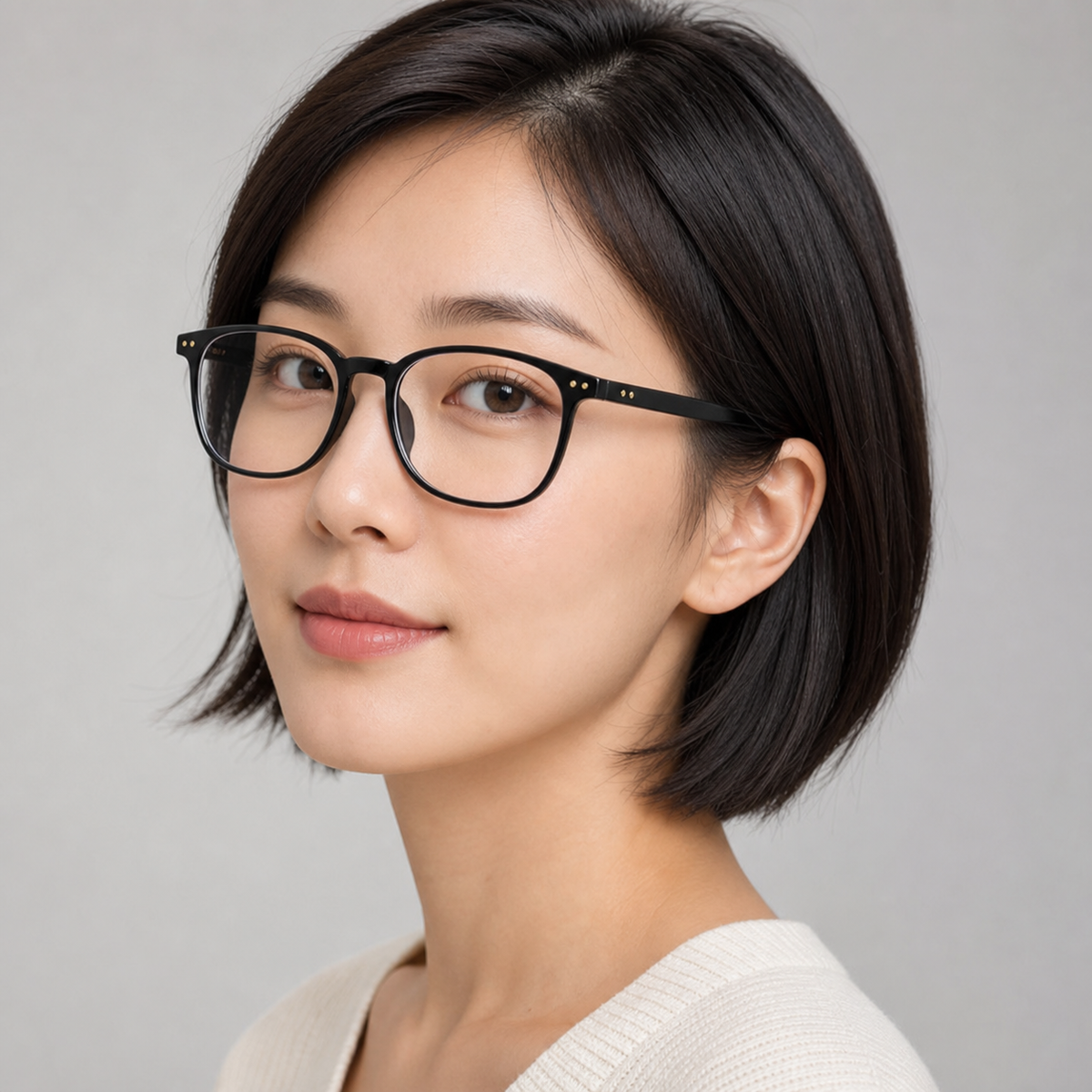 Black unisex ultra-light TR90 softened-square full-rim glasses worn by an adult East Asian woman