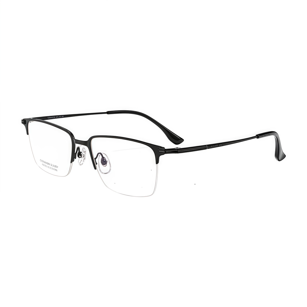 Black vintage classic pure-titanium semi-rimless glasses, 45-degree product view