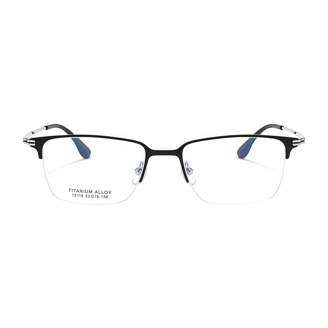 Black vintage classic pure-titanium semi-rimless glasses, front product view