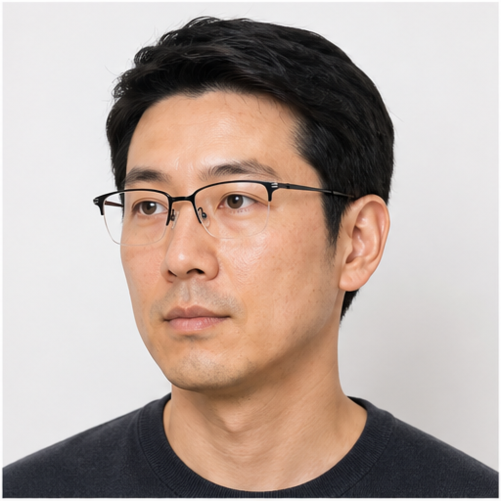 Black vintage classic pure-titanium semi-rimless glasses worn by an adult East Asian Man