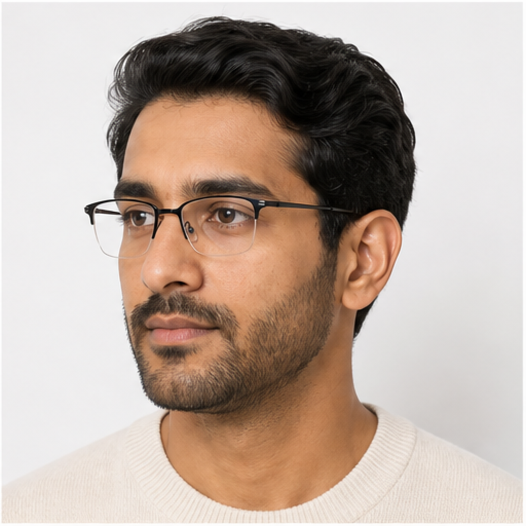 Black vintage classic pure-titanium semi-rimless glasses worn by an adult South Asian Man