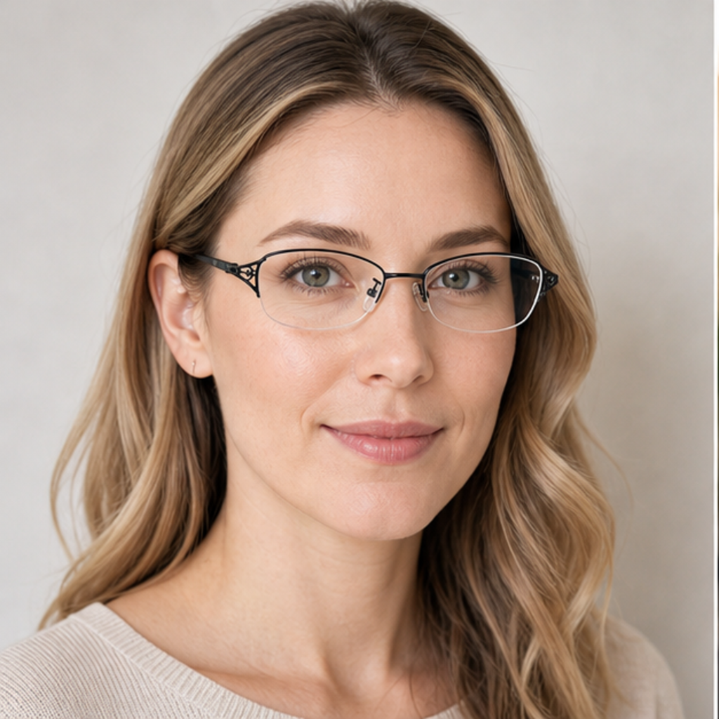 Black alloy and acetate semi-rimless glasses worn by an adult White woman