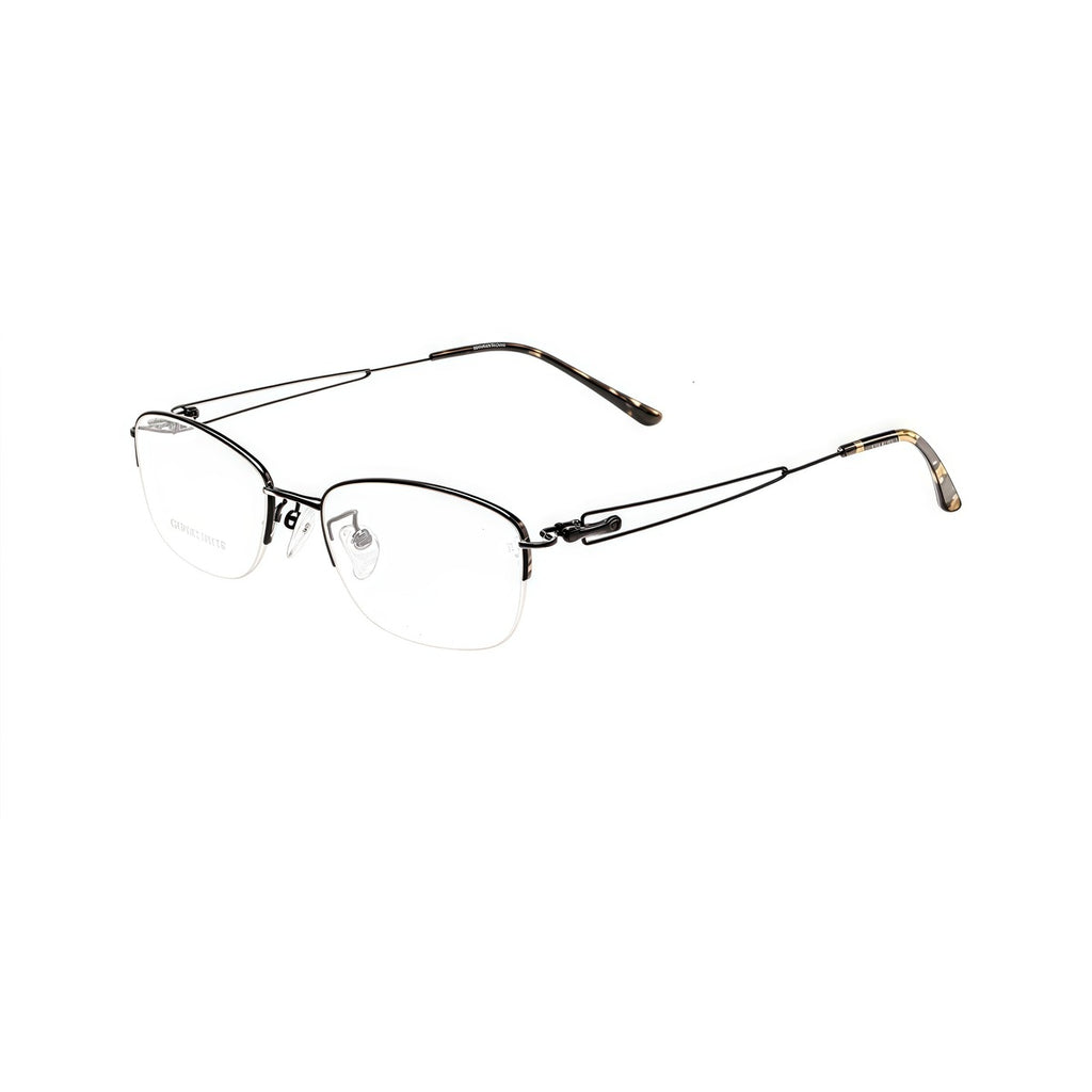 Black elegant lightweight alloy semi-rimless glasses, 45-degree product view