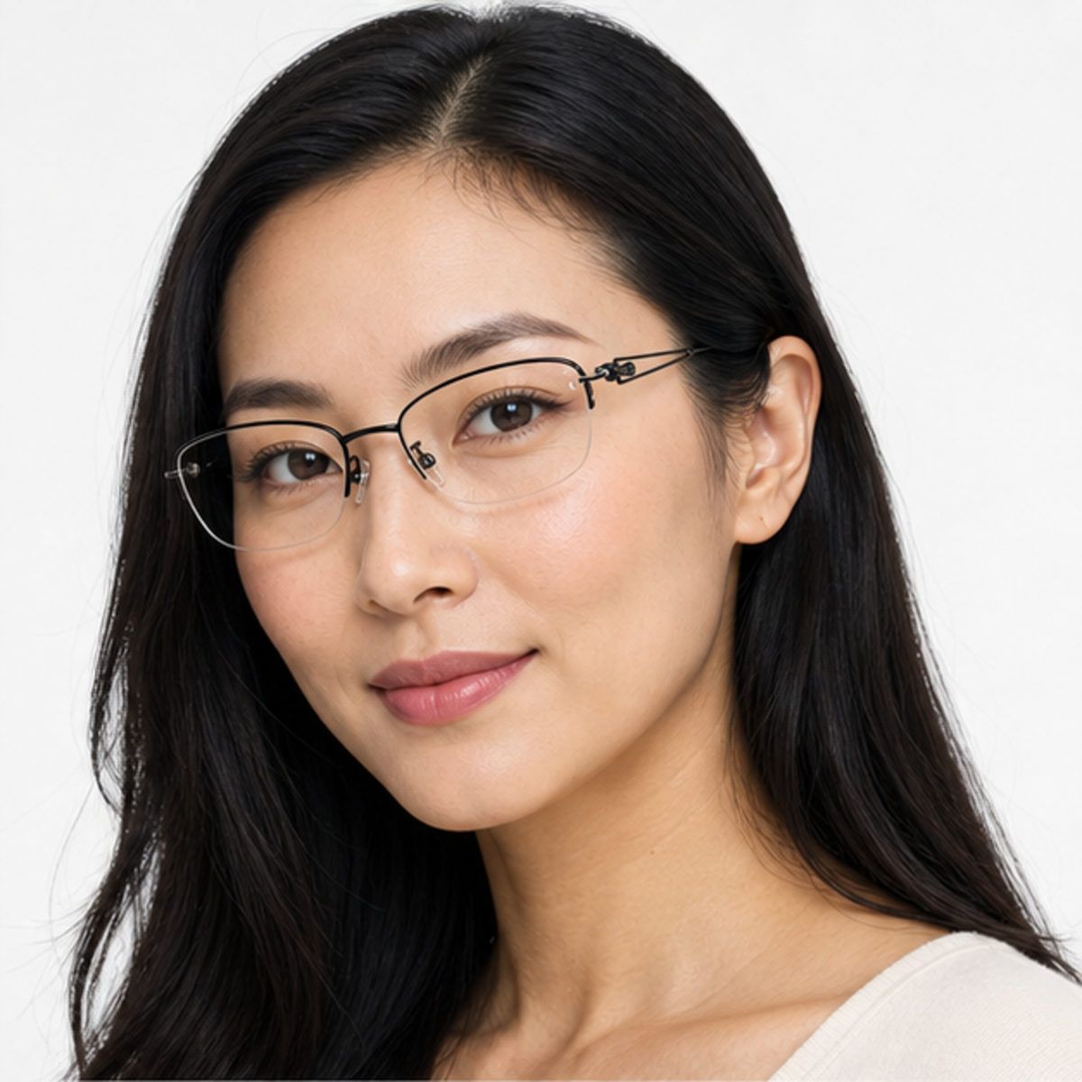 Black elegant lightweight alloy semi-rimless glasses worn by an adult East Asian Woman
