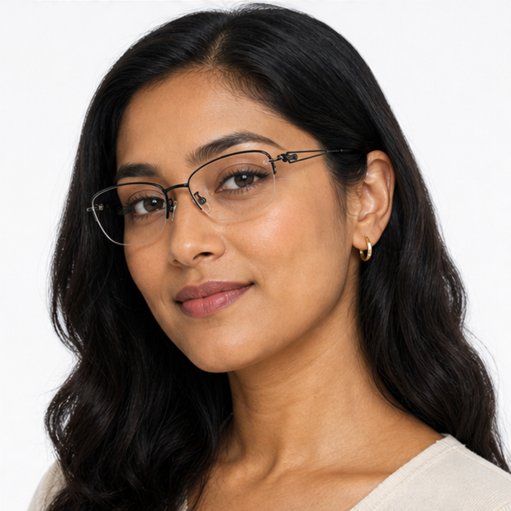 Black elegant lightweight alloy semi-rimless glasses worn by an adult South Asian Woman
