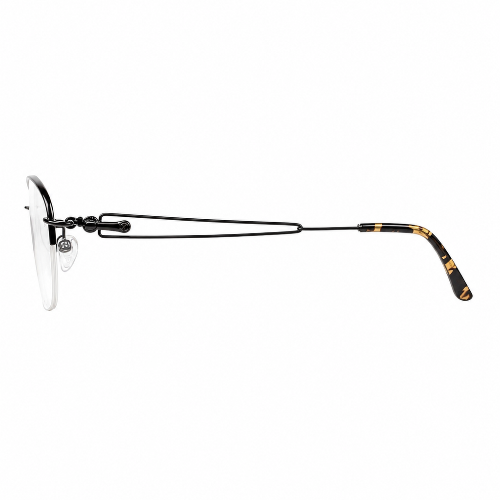 Black elegant lightweight alloy semi-rimless glasses, side-profile product view