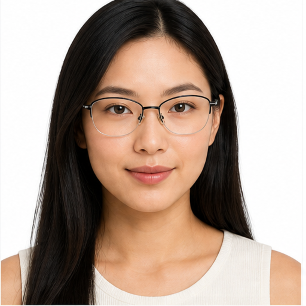 Black women's elegant metal alloy semi-rimless glasses worn by an adult East Asian Woman