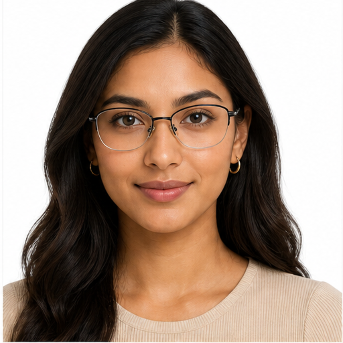 Black women's elegant metal alloy semi-rimless glasses worn by an adult South Asian Woman