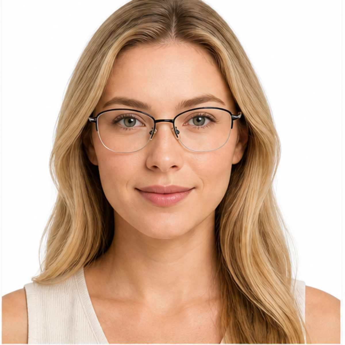Black women's elegant metal alloy semi-rimless glasses worn by an adult White Woman