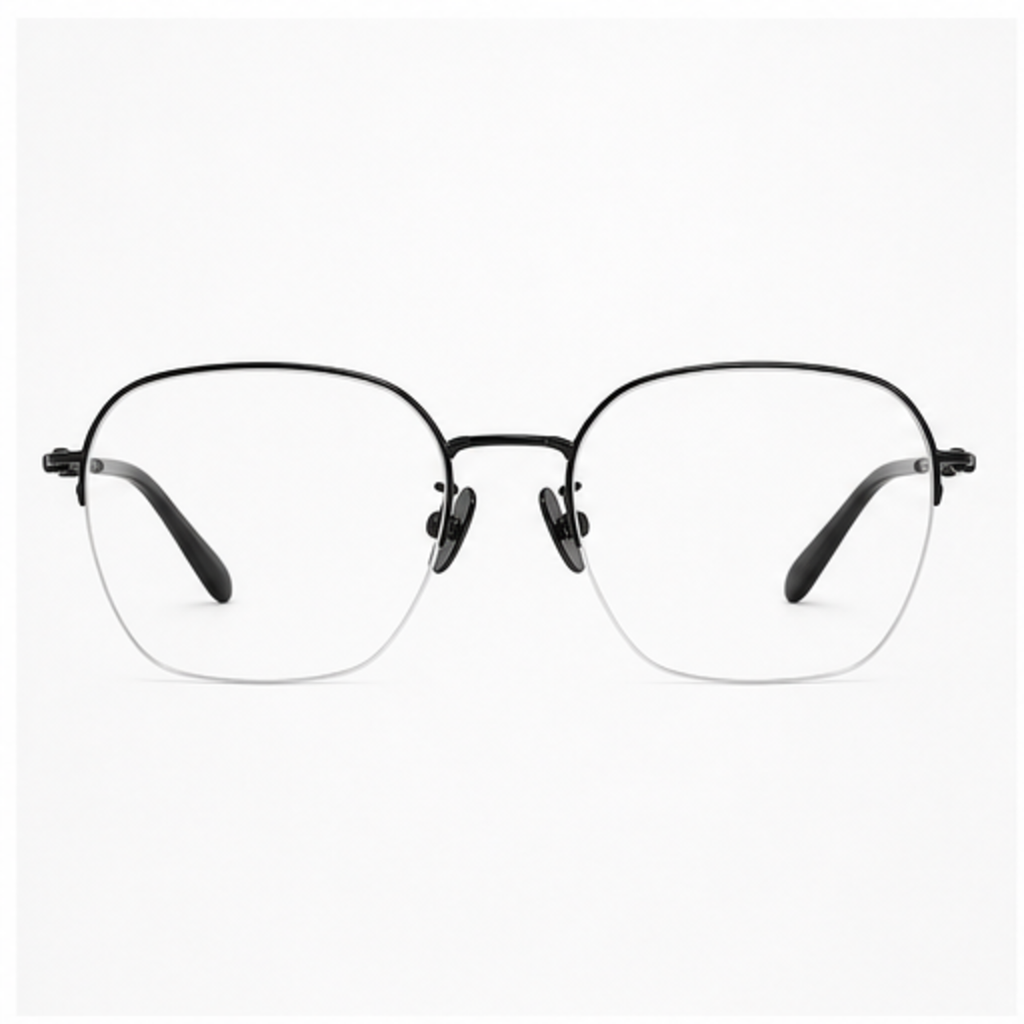 Black women's modern pure titanium semi-rimless glasses, front product view