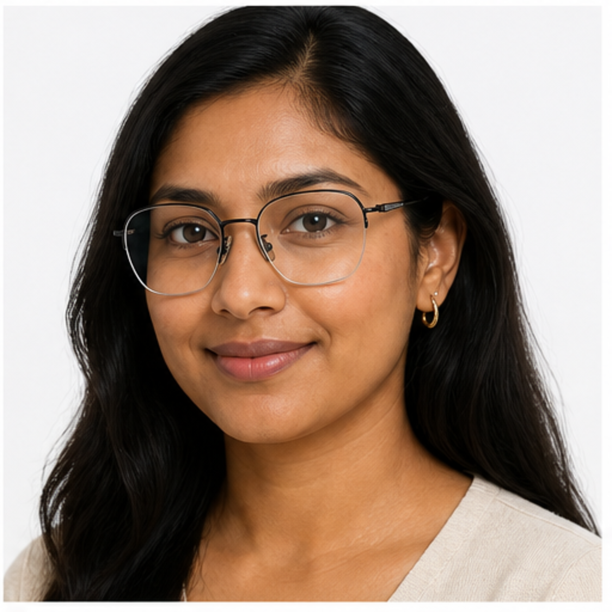 Black women's modern pure titanium semi-rimless glasses worn by an adult South Asian Woman