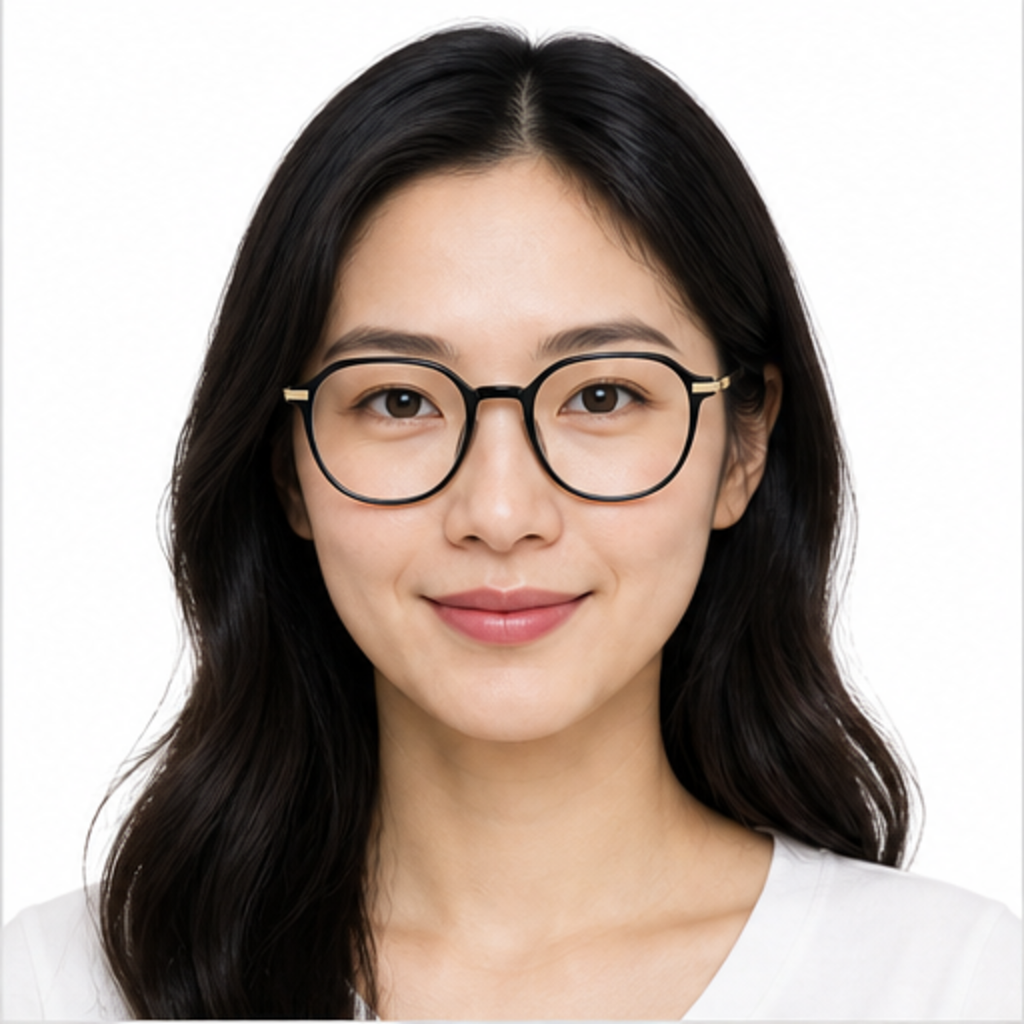 Black women's TR90 and alloy rounded-polygon full-rim glasses worn by an adult East Asian woman