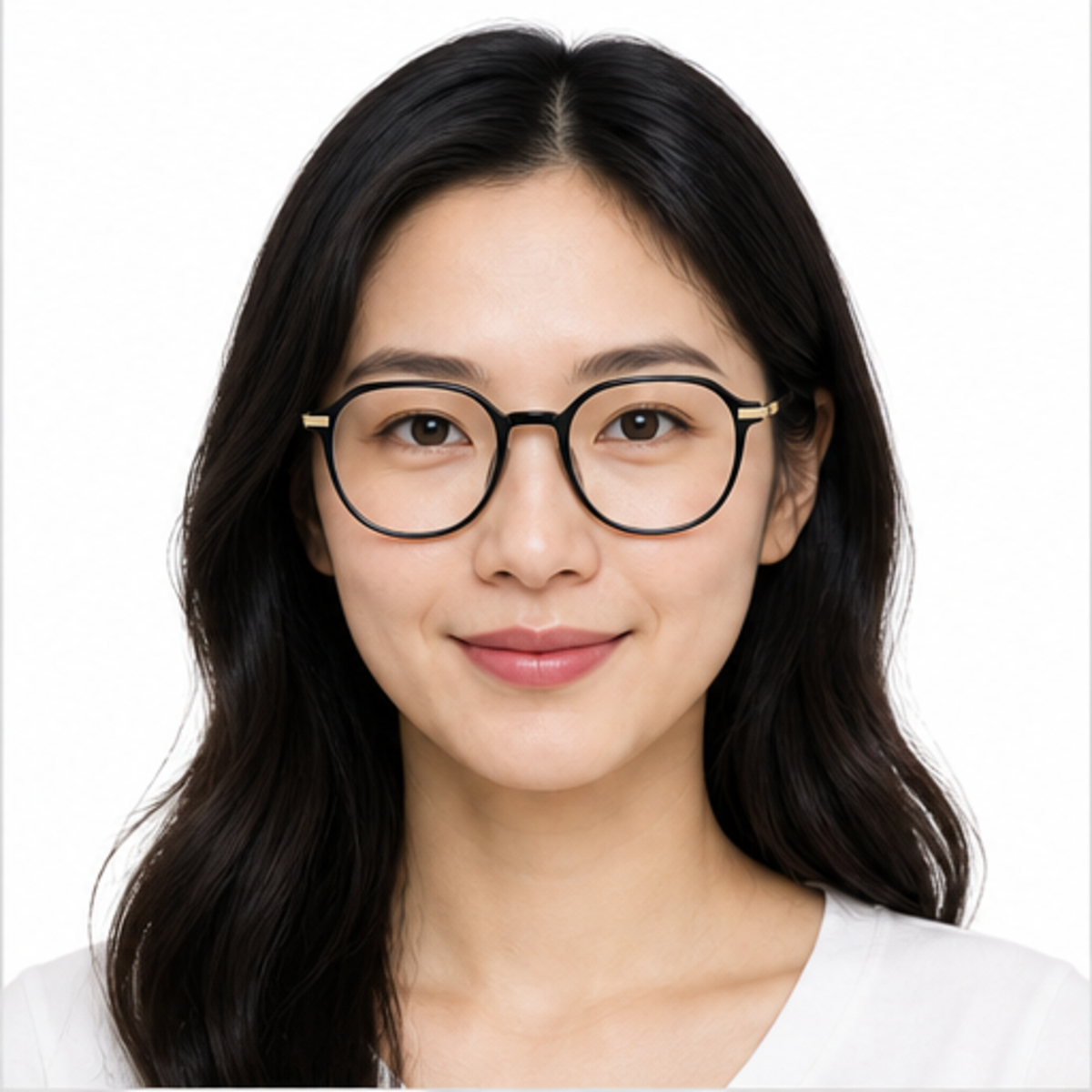 Black women's TR90 and alloy rounded-polygon full-rim glasses worn by an adult East Asian woman