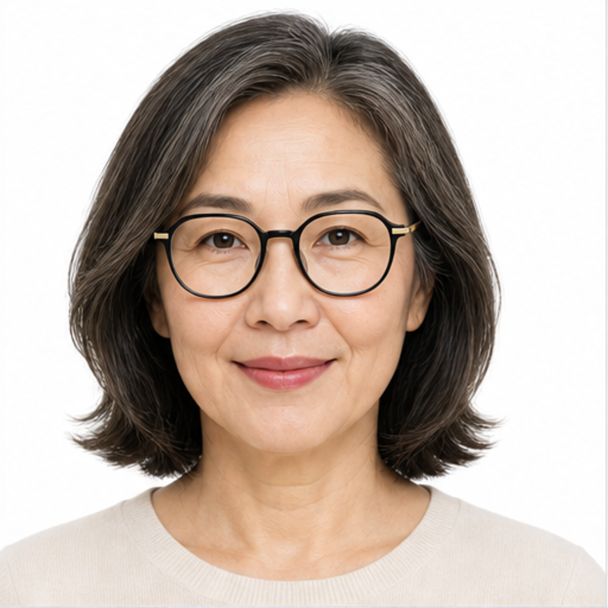 Black women's TR90 and alloy rounded-polygon full-rim glasses worn by an adult mature East Asian woman