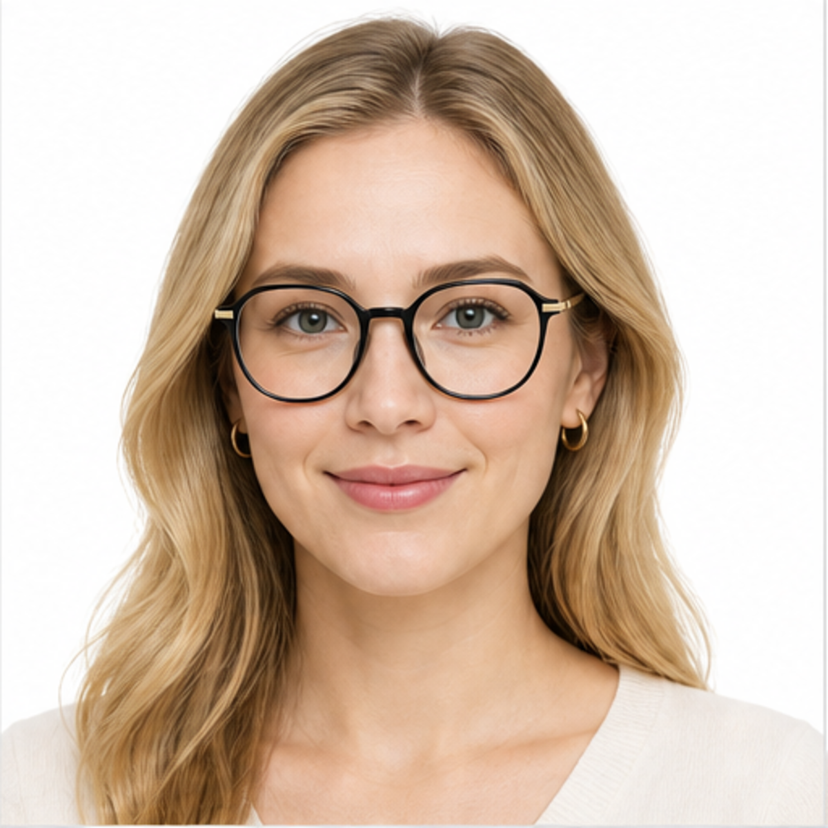 Black women's TR90 and alloy rounded-polygon full-rim glasses worn by an adult White woman