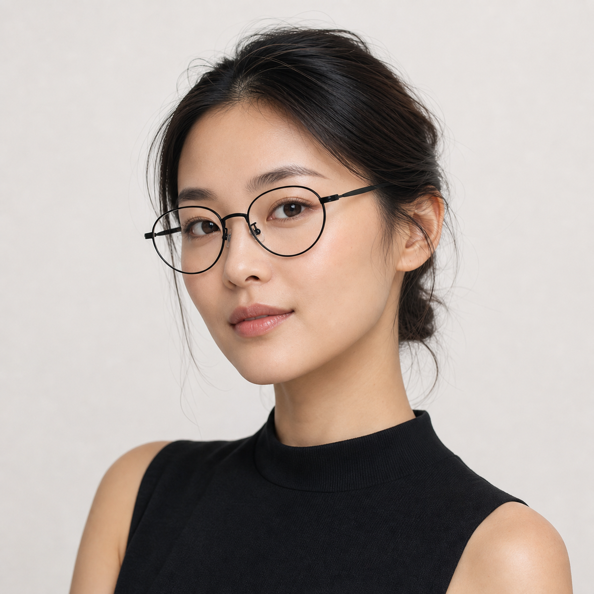 Black women's ultra-light semi-titanium oval full-rim glasses worn by an adult East Asian Woman
