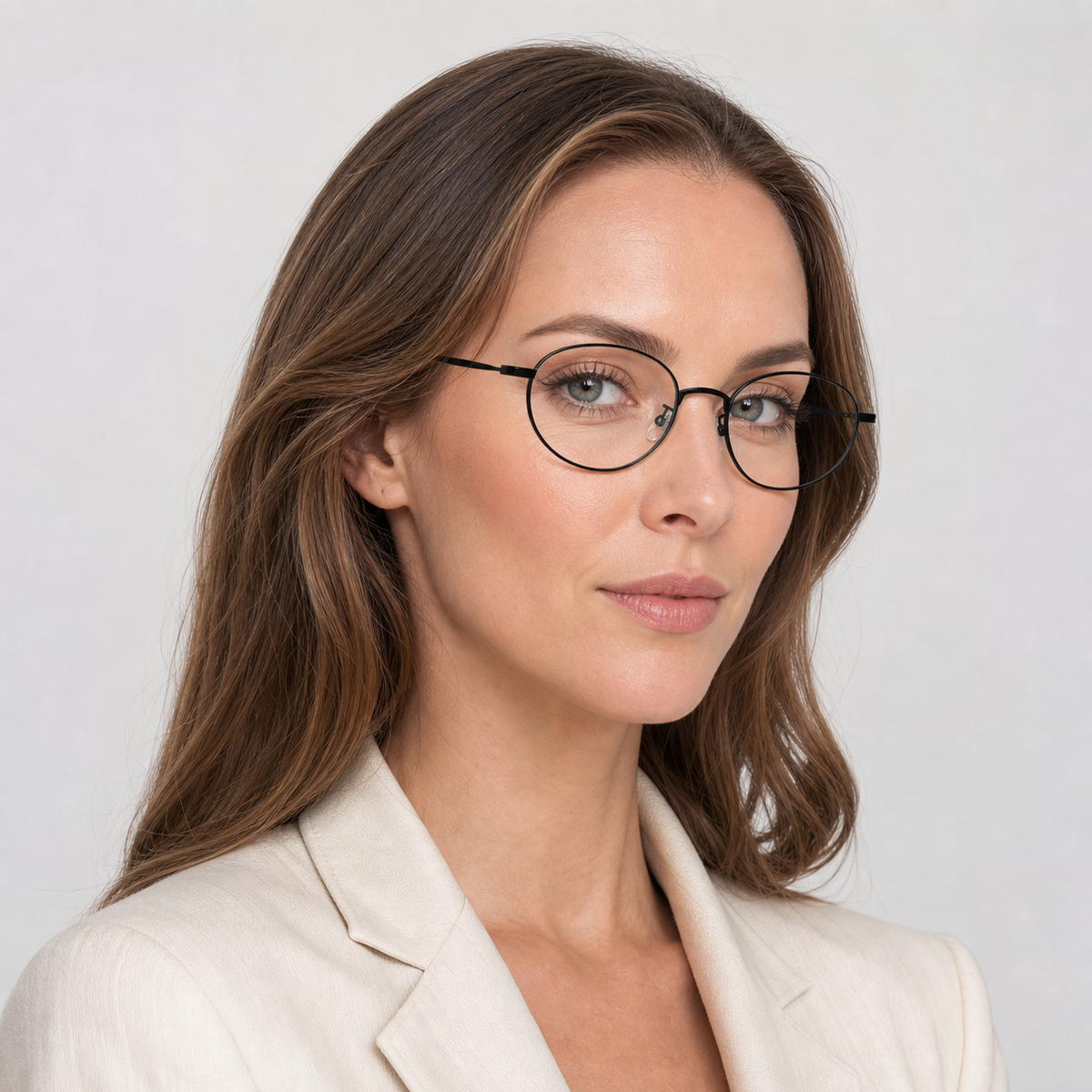 Black women's ultra-light semi-titanium oval full-rim glasses worn by an adult White Woman