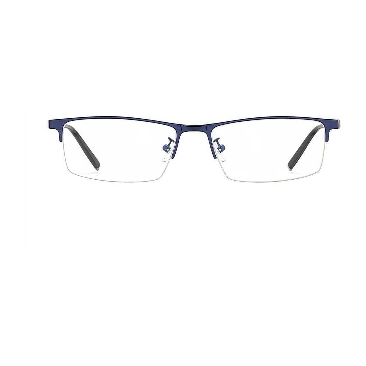 Blue titanium-alloy rectangular semi-rimless glasses, front product view
