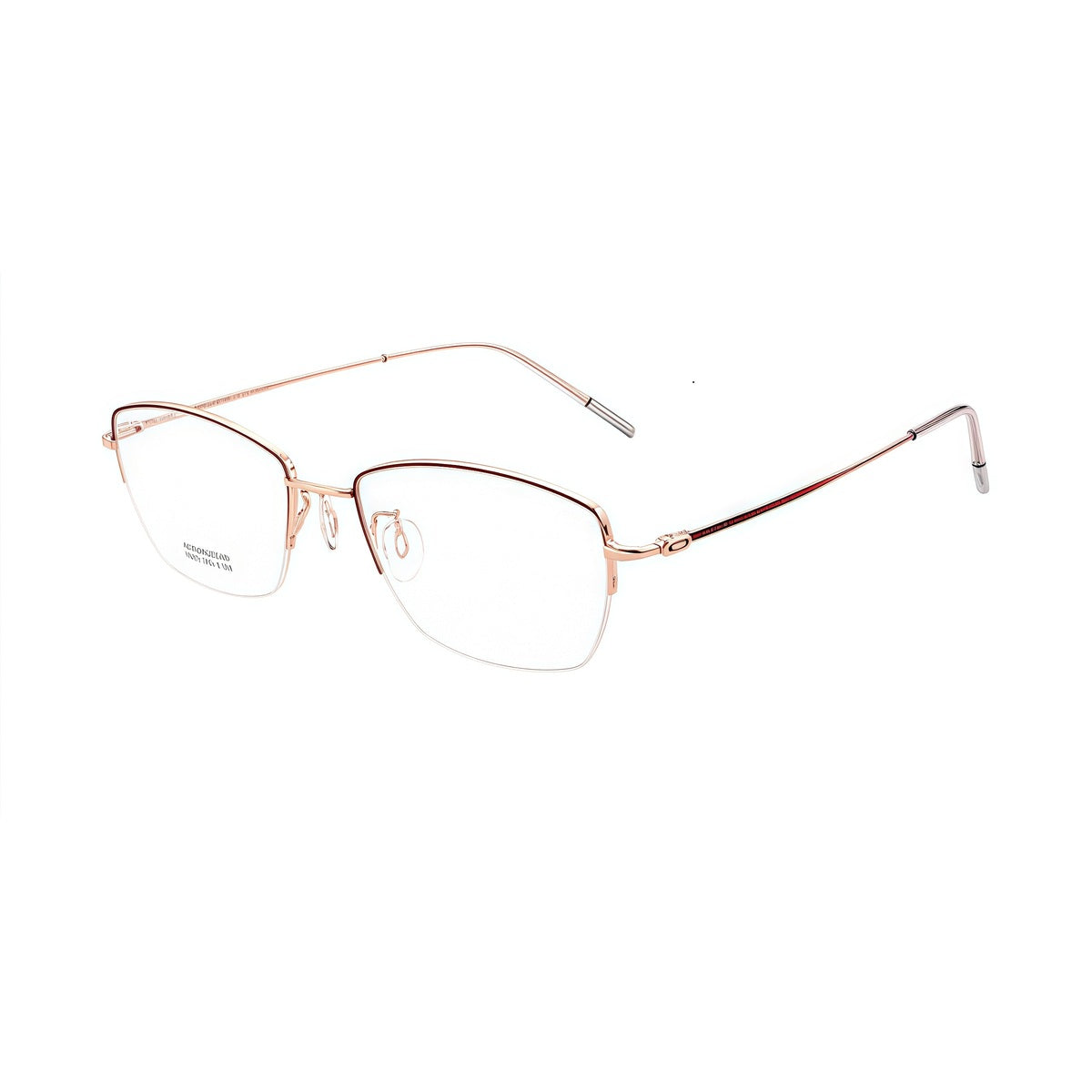 Burgundy/Rose Gold minimalist rectangular titanium semi-rimless glasses, 45-degree product view