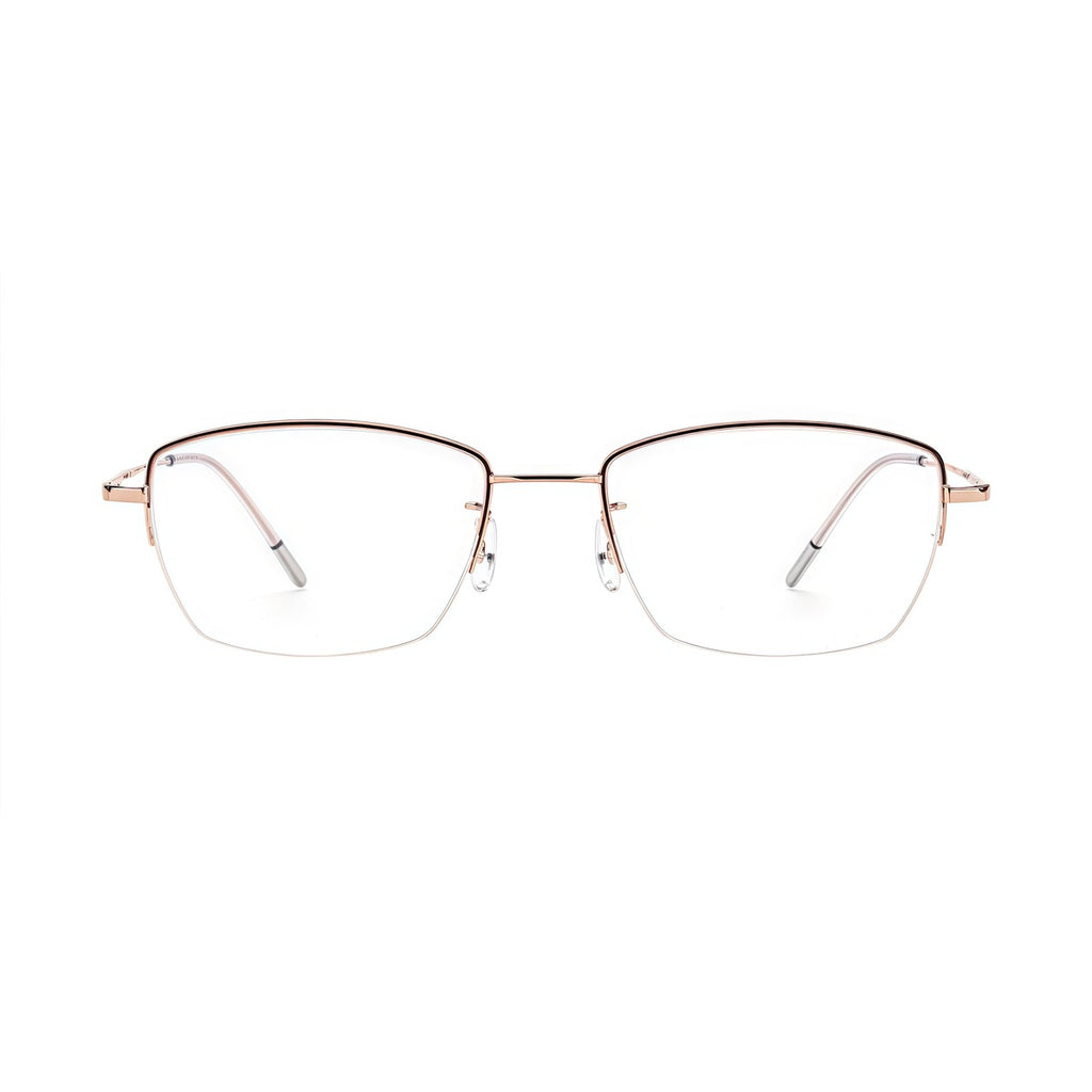 Burgundy/Rose Gold minimalist rectangular titanium semi-rimless glasses, front product view