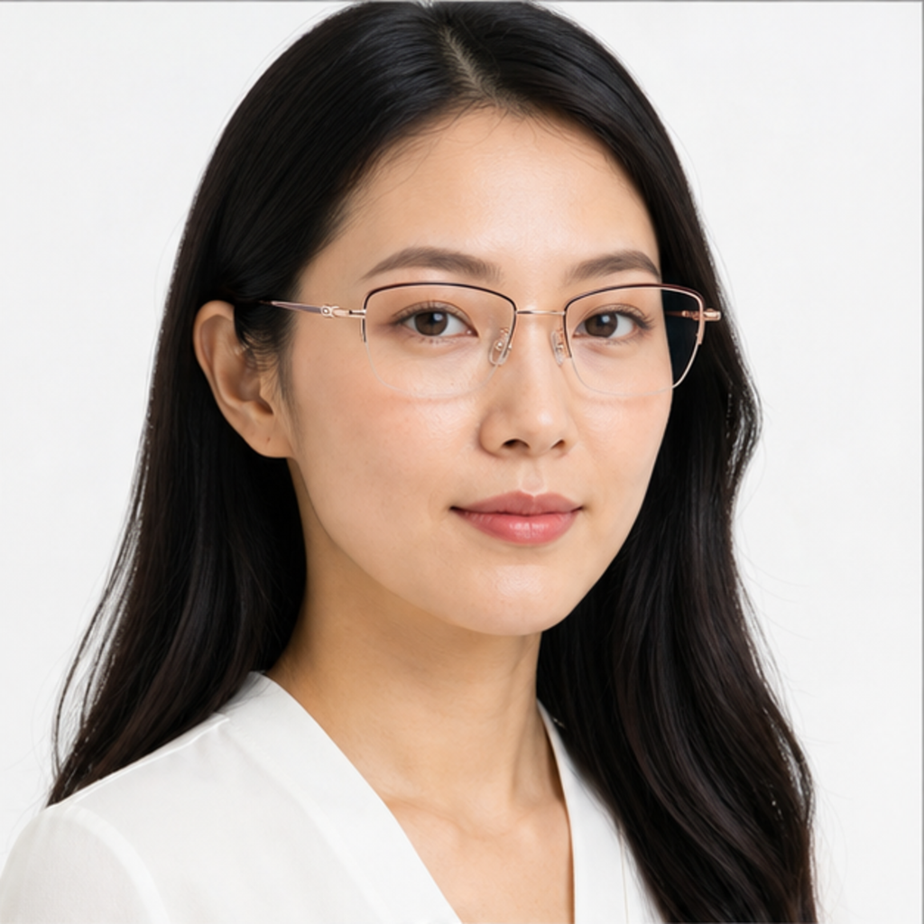 Burgundy/Rose Gold minimalist rectangular titanium semi-rimless glasses worn by an adult East Asian Woman