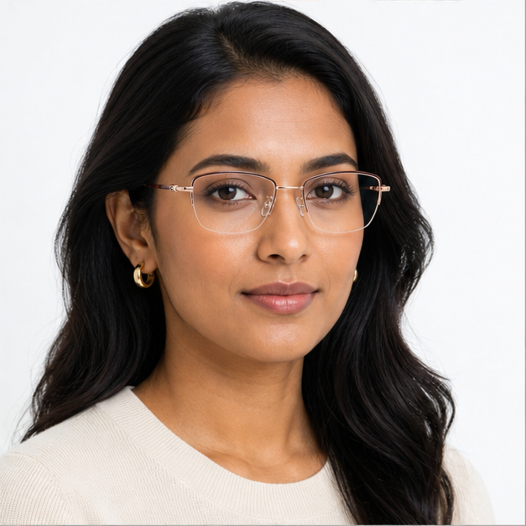 Burgundy/Rose Gold minimalist rectangular titanium semi-rimless glasses worn by an adult South Asian Woman