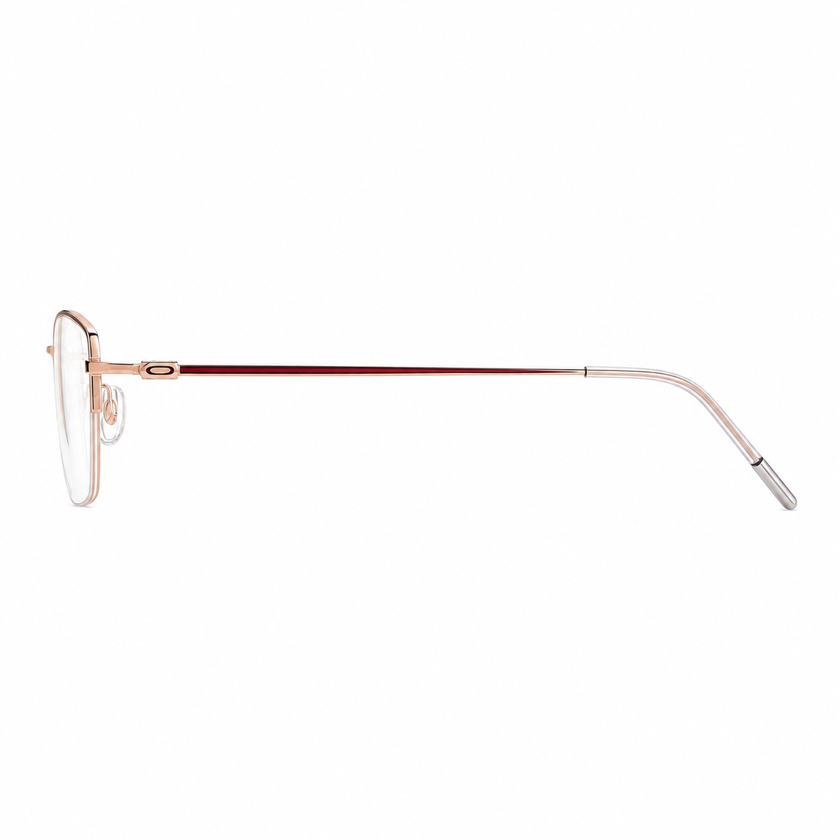 Burgundy/Rose Gold minimalist rectangular titanium semi-rimless glasses, side-profile product view