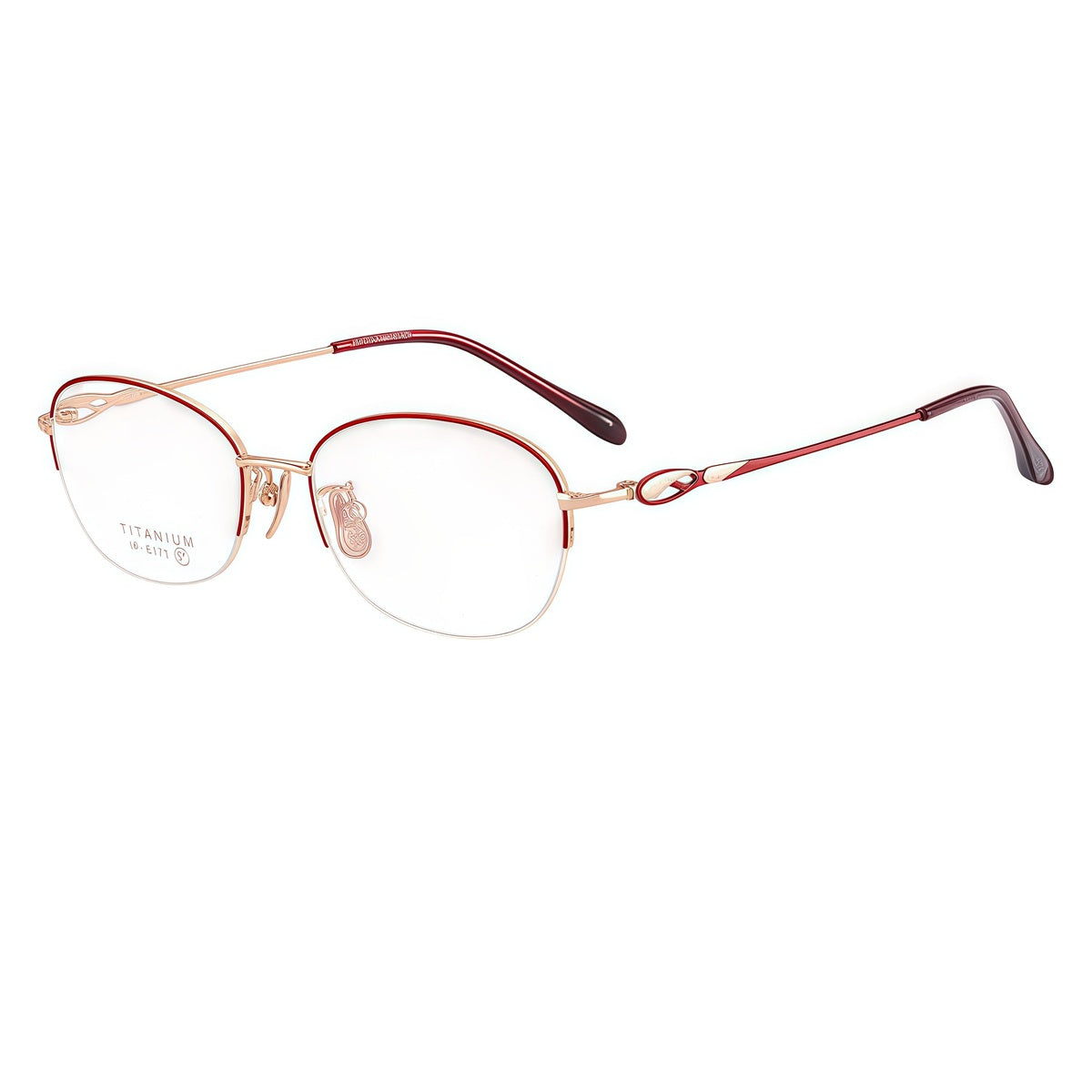 Burgundy/Rose Gold graceful pure-titanium semi-rimless glasses, 45-degree product view